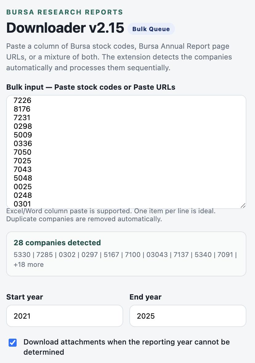 Extension popup showing companies detected from pasted bulk input.
