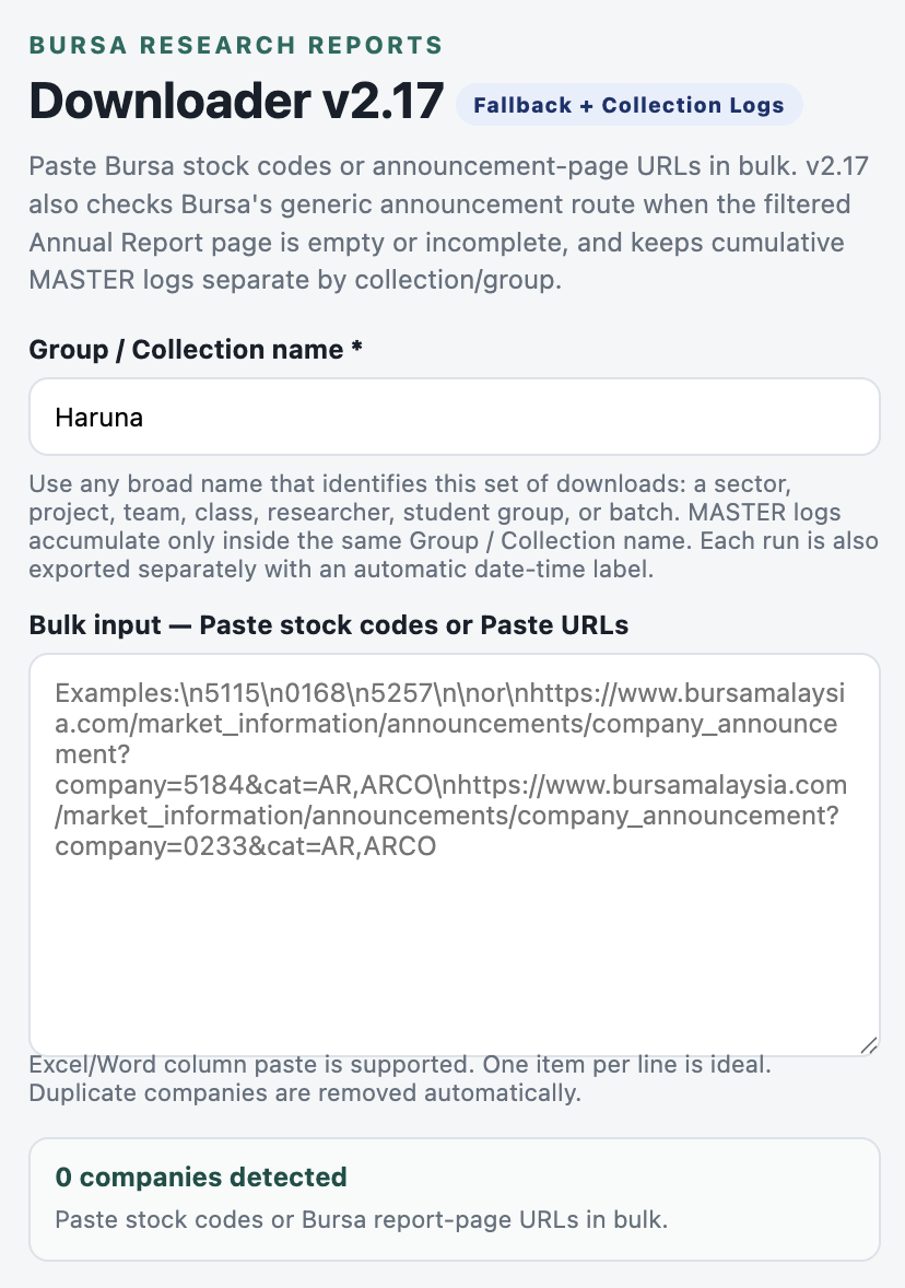 BARD v2.17 popup showing the Group / Collection name field and bulk input area.