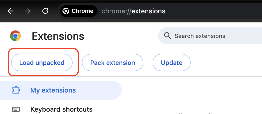 Chrome extensions page showing the Load unpacked button.