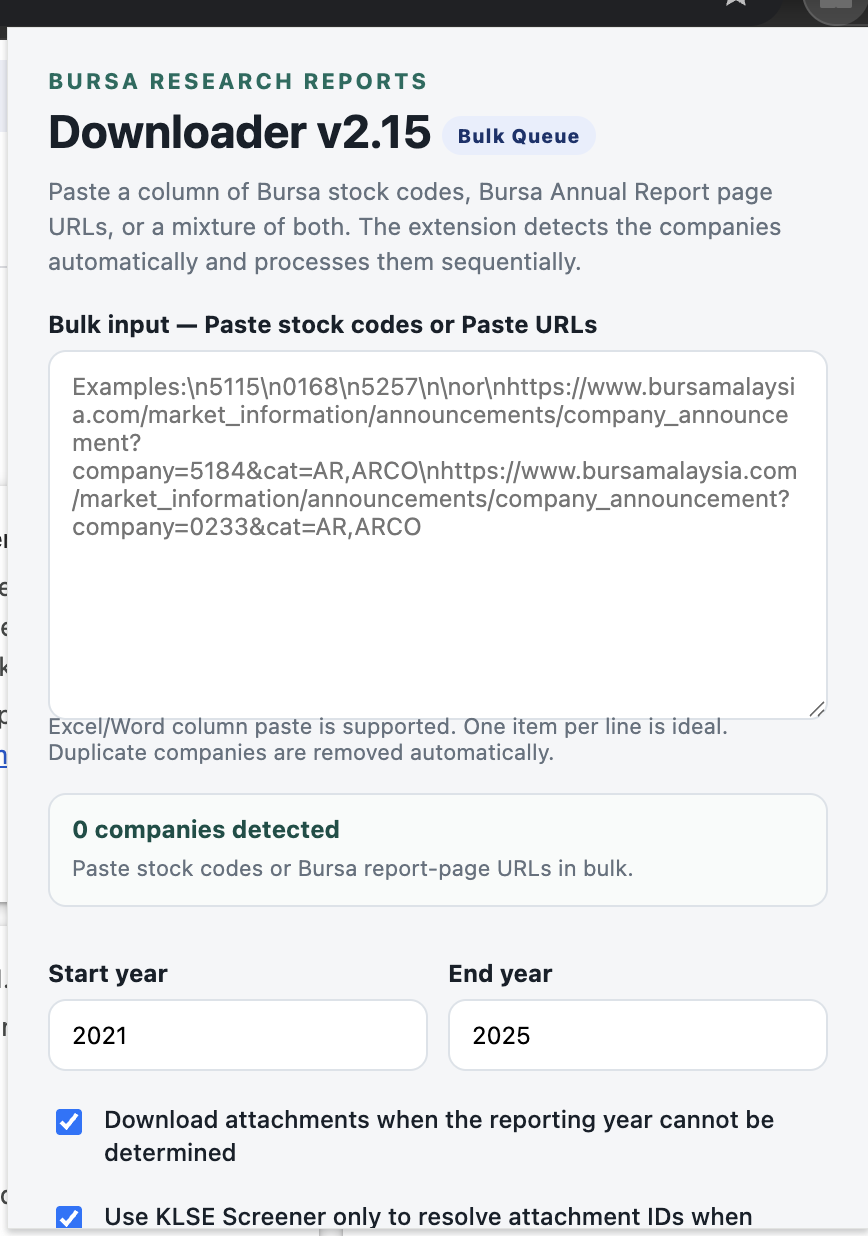 Extension popup showing the bulk input area.